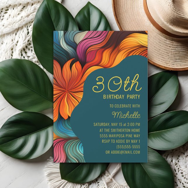 Orange Aquamarin Retro Psychedelic Modern Birthday Einladung (Orange and teal retro, psychedelic curves 30th birthday party invitation)