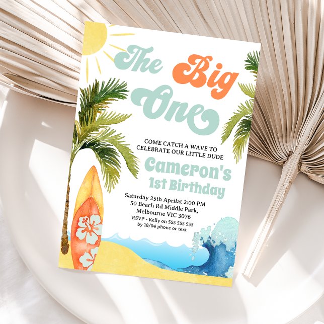 Orange Aquamarin Surf Wave Big 1. Geburtstag Einladung (Editable Boy the Big One Surf 1st Birthday Party Invitation Orange Teal Surf  Surfboard Beach Party )
