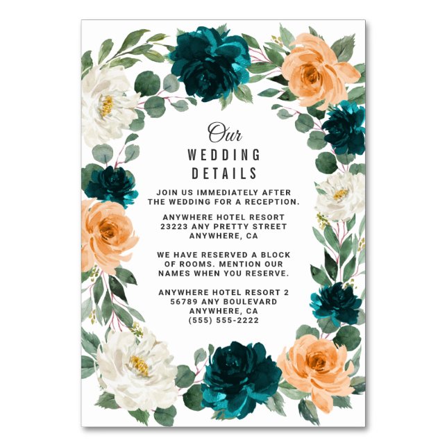 Orange Aquamarin Türkis Blue Wedding Cards Tischnummer (Vorderseite)