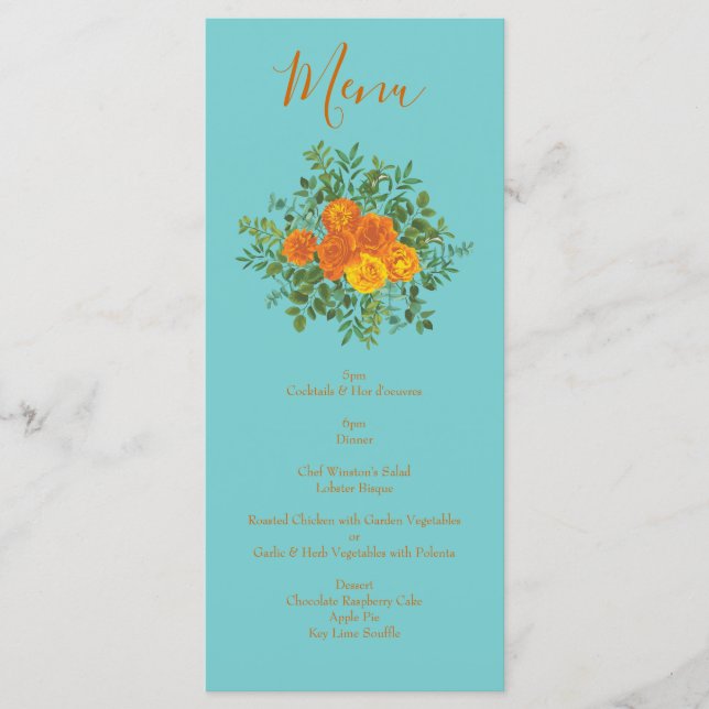 Orange & Aquamarine Aqua Peony & Rose Wedding Menu Menükarte (Vorderseite)