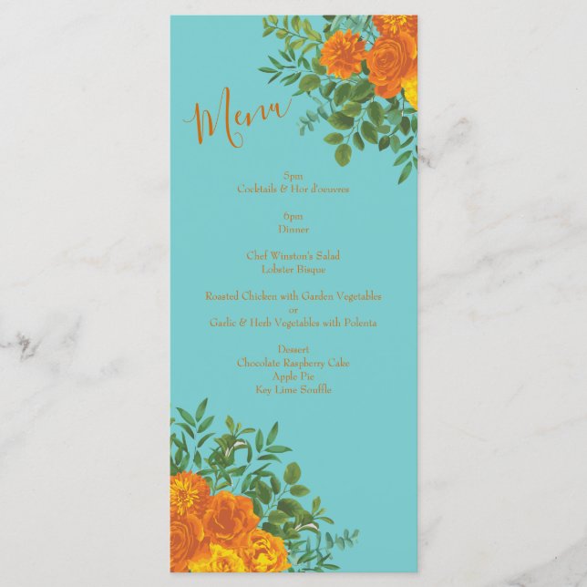 Orange & Aquamarine Aqua Peony & Rose Wedding Menu Menükarte (Vorderseite)
