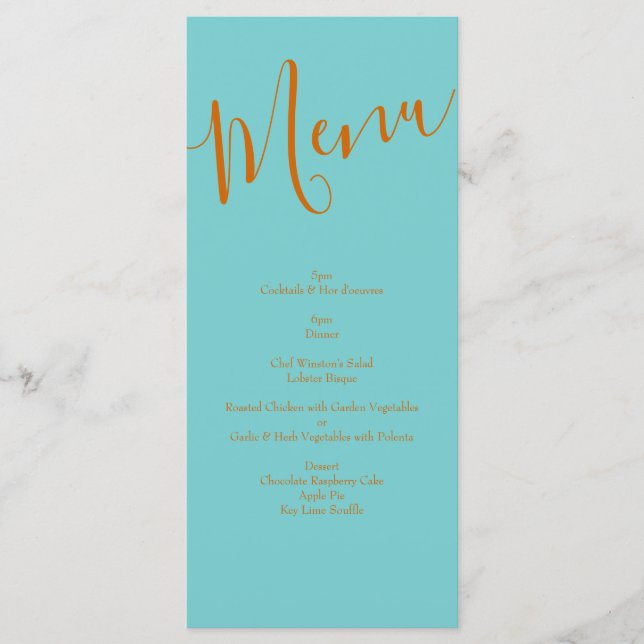 Orange & Aquamarine Aqua Peony & Rose Wedding Menu Menükarte (Vorderseite)