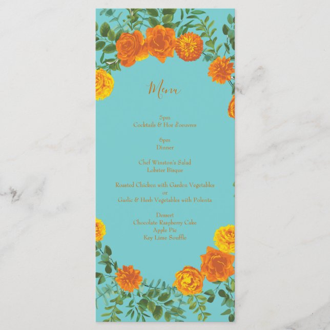 Orange & Aquamarine Aqua Peony & Rose Wedding Menu Menükarte (Vorderseite)