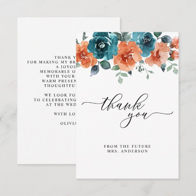 Orange Aquamarine Blume Wasserfarben Brautparty Dankeskarte (Vorne/Hinten)