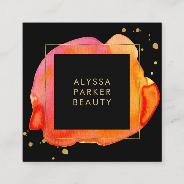 Orange Aquarell-Spritzen auf Schwarzem mit Gold Quadratische Visitenkarte (Vorderseite)