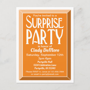 Orange Art Deco Beveled Birthday Surprise Party Einladungspostkarte