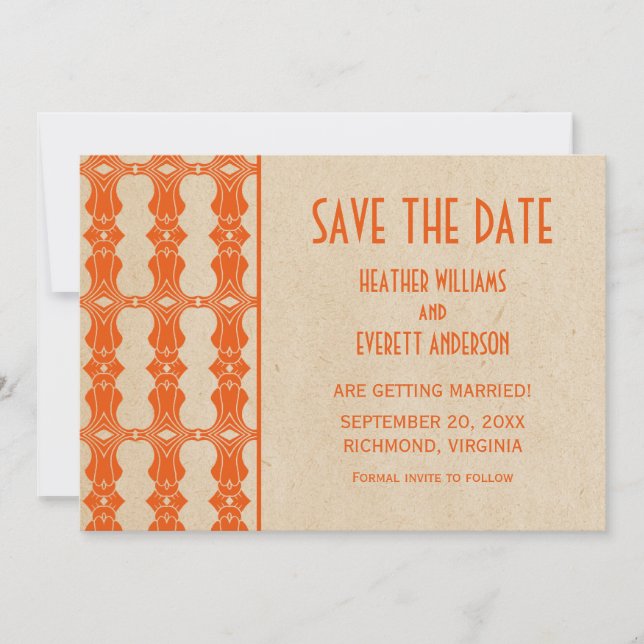 Orange Art Deco Border Save the Date einladen Einladung (Vorderseite)