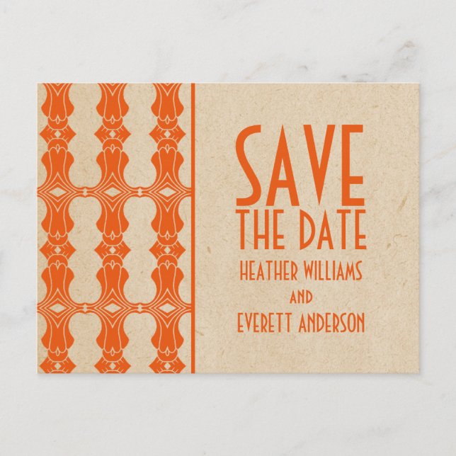 Orange Art Deco Border Save the Date Postkarte (Vorderseite)