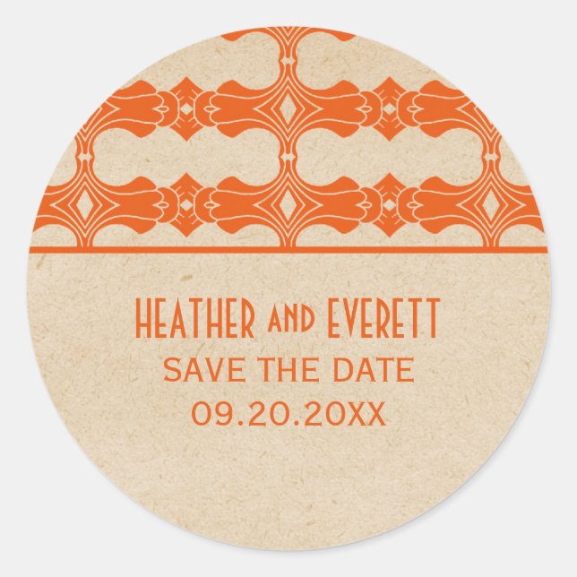 Orange Art Deco Border Save the Date Stickers (Vorderseite)