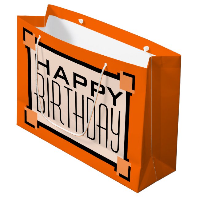 Orange Art Deco Geometric Happy Birthday Große Geschenktüte (Vorderseite Schrägansicht)