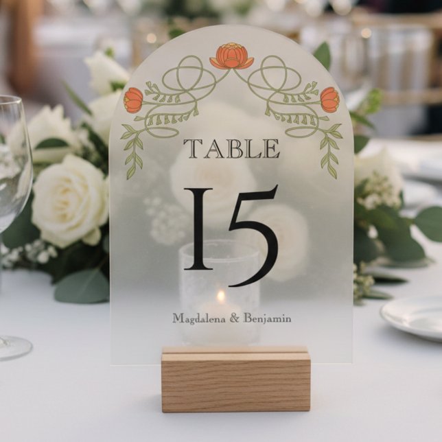 Orange Art Nouveau Floral Wedding Table Number Acryleinladungen (Von Creator hochgeladen)
