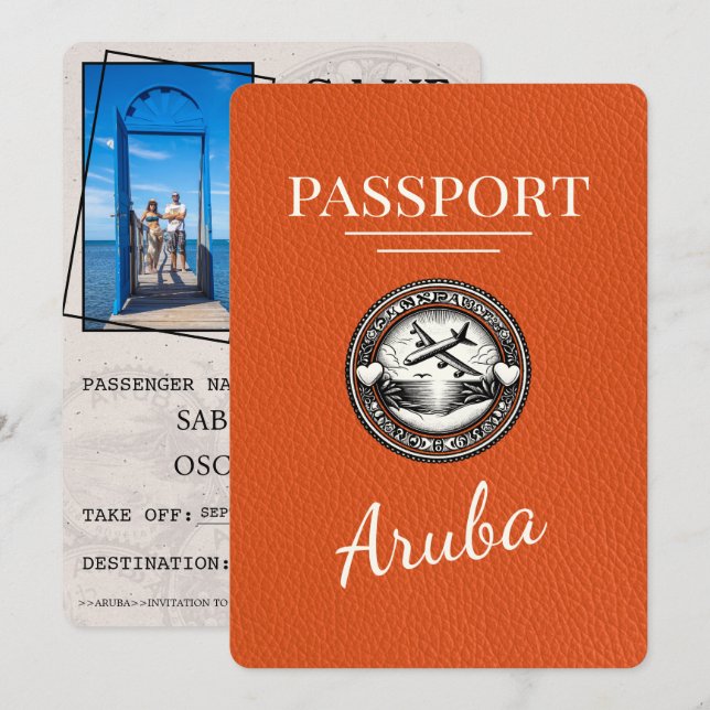 Orange Aruba Passport Save the Date (Vorne/Hinten)