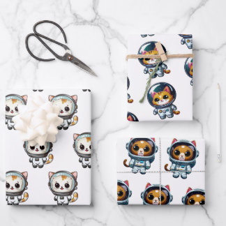 Orange Astronauten Katzen im Weltraum mit Freunden Geschenkpapier Set