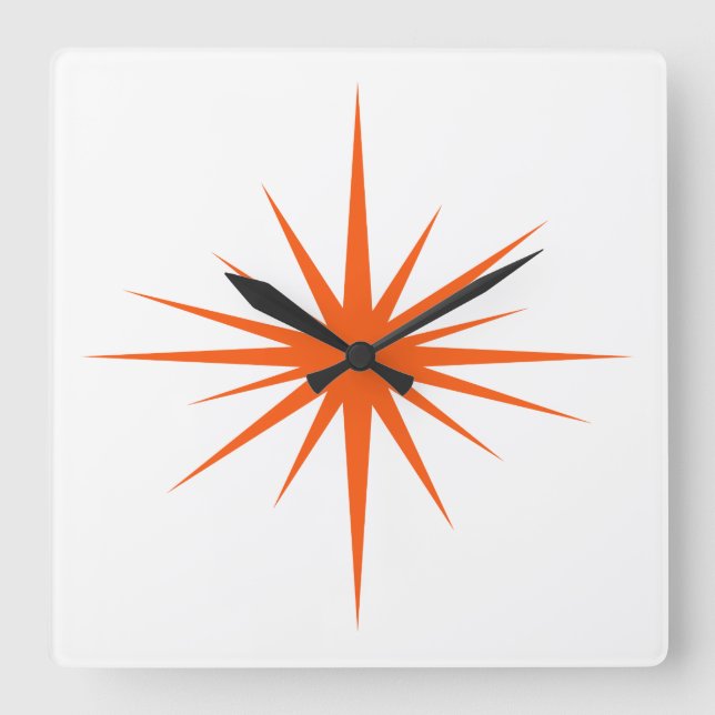Orange Atomic Sternexplosion Mitte Jahrhundert Mod Quadratische Wanduhr (Vorderseite)