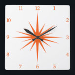 Orange Atomnummer Mitte des Jahrhunderts Sternexpl Quadratische Wanduhr<br><div class="desc">Die moderne quadratische Uhr verfügt über eine fett orangefarbene Sternexplosion mit passenden Zahlen,  die eine fantastische Ergänzung zu den Wänden Ihrer Zuhause oder Ihres Büros darstellt!</div>