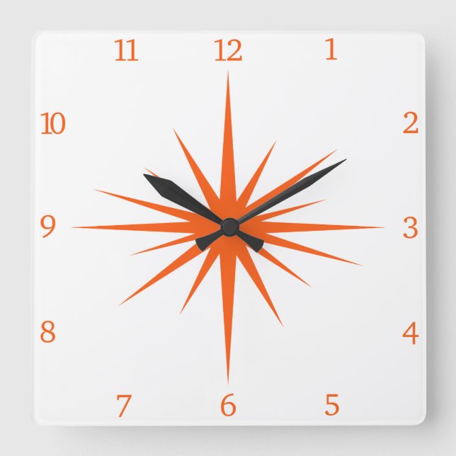 Orange Atomnummer Mitte des Jahrhunderts Sternexpl Quadratische Wanduhr (Vorderseite)