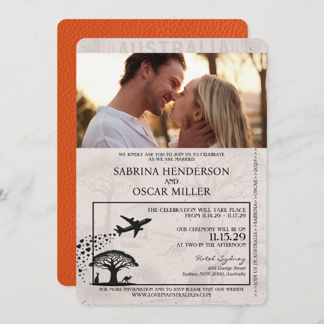 Orange Australia Passport Wedding Einladung (Vorne/Hinten)