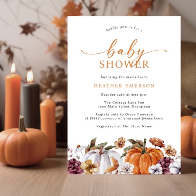 Orange Autumn Baby Dusche Einladung (Fall Burnt Orange Baby Shower Invitation Autumn White Pumpkins Watercolor Burgundy Florals)