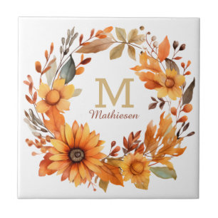 Orange Autumn Floral Wreath Monogram Fliese