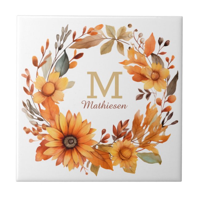 Orange Autumn Floral Wreath Monogram Fliese (Vorderseite)