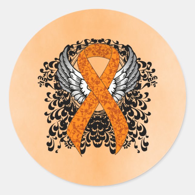 Orange Awareness Ribbon mit Flügeln Runder Aufkleber (Vorderseite)