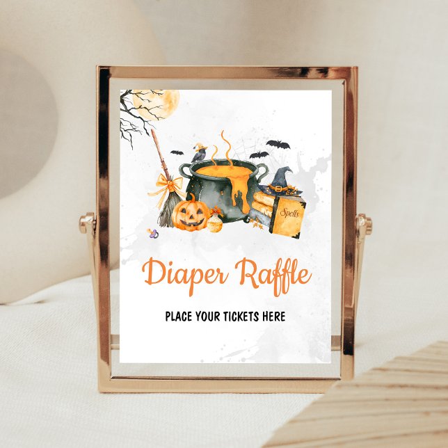 Orange Baby braut Hexenwindel-Raffle-Schild Poster (Gender Neutral Halloween Baby Shower Diaper Raffle Sign)