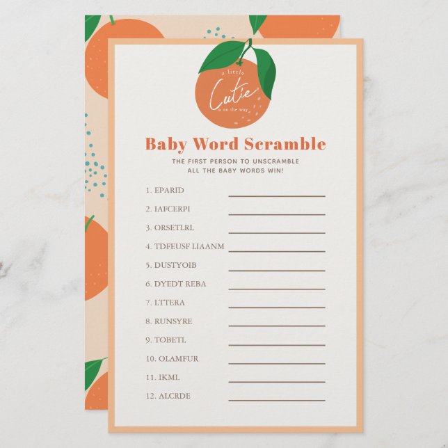 Orange Baby Word Scramble Baby Showspiel (Vorne/Hinten)