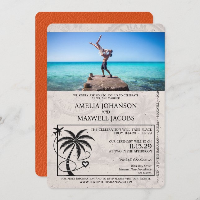 Orange Bahamas Passport Wedding Einladung (Vorne/Hinten)
