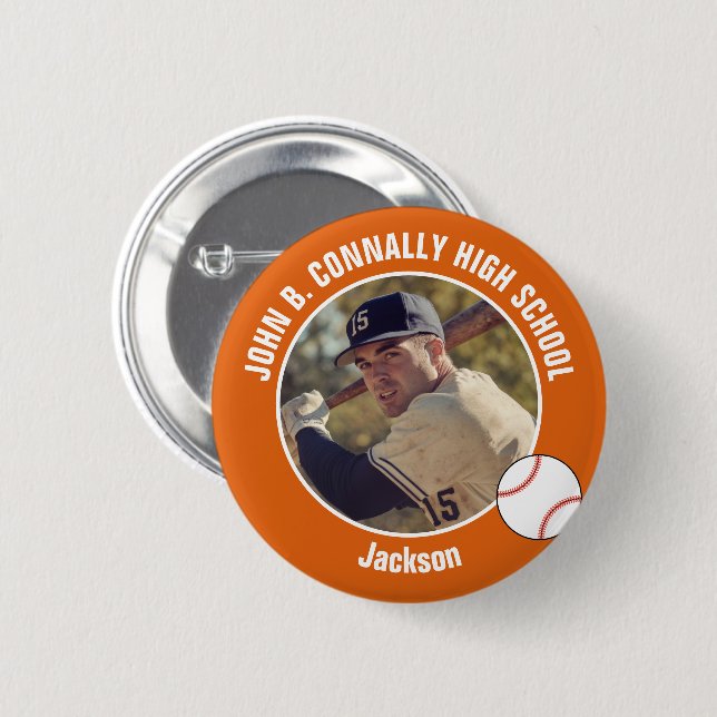 Orange Baseball Player Photo High School Spirit Button (Vorne & Hinten)