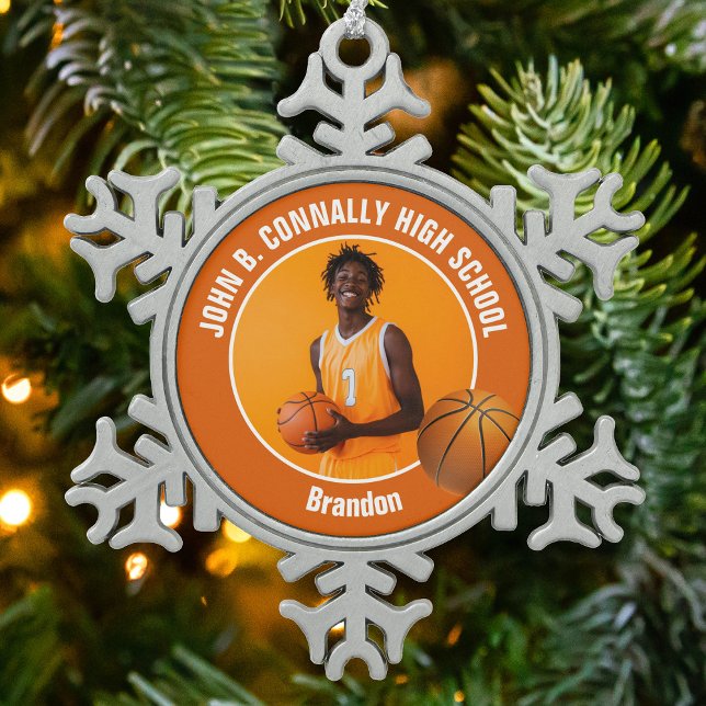 Orange Basketball Player Photo Keepsake Gift Schneeflocken Zinn-Ornament (Von Creator hochgeladen)