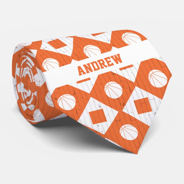Orange Basketball Wood Floor Argyle Pattern Krawatte (Gerollt)