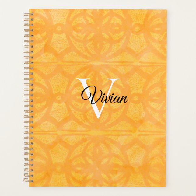 Orange Batik Elegant Monogram Name Planner Planer (Vorderseite)