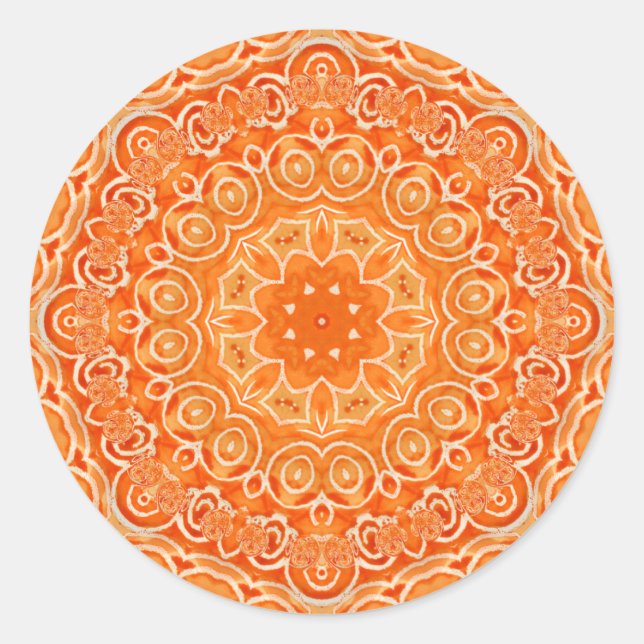 Orange Batik Watercolor Mandala Runder Aufkleber (Vorderseite)