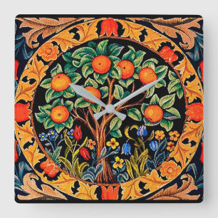 ORANGE BAUM MIT GRÜNEN BLÄTTER, BLUME QUADRATISCHE WANDUHR