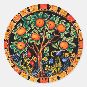 ORANGE BAUM MIT GRÜNEN BLÄTTER, BLUME RUNDER AUFKLEBER