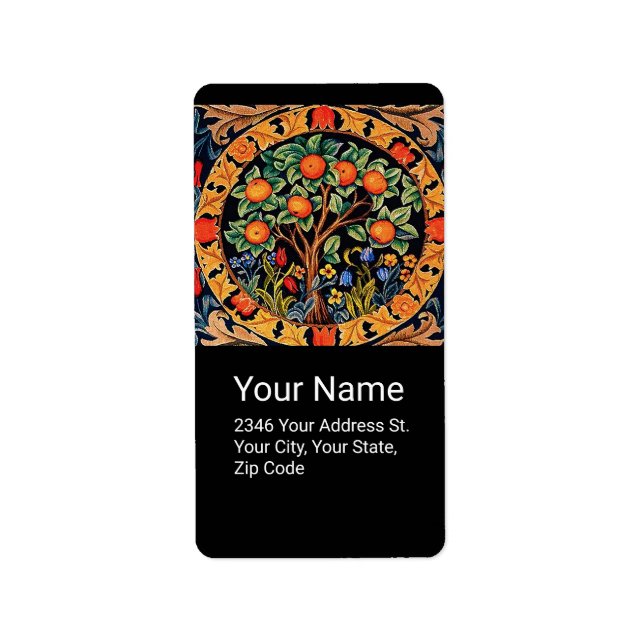 ORANGE BAUM MIT GRÜNEN BLÄTTER, BLUME Schwarz Adressaufkleber (Vorne)