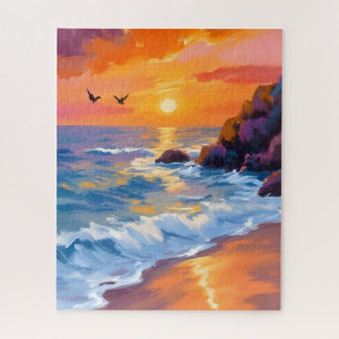Orange-Beach-Sonnenuntergang Küstenmalerei Puzzle