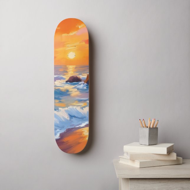 Orange Beach Sunset Coastal bemalt Skateboard (Wandkunst)