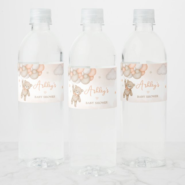Orange Bear Balloons Baby Shower Wasserflaschenetikett (Flaschen)