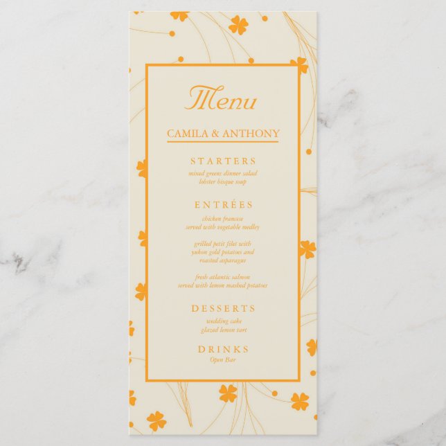 Orange Beige Retro Y2K 70er Blume Muster Menükarte (Vorderseite)