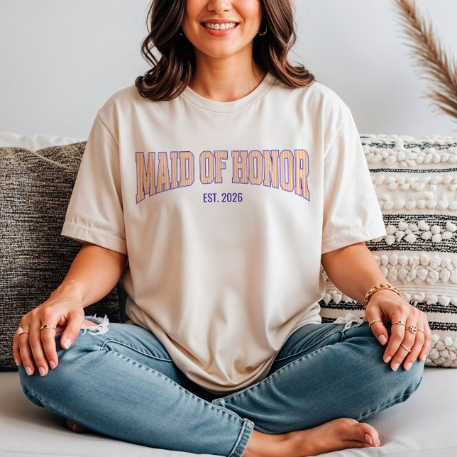 Orange + Beige Stripe Navy MAID OF HONOR  T-Shirt (Personalize with names, dates, locations or events.)