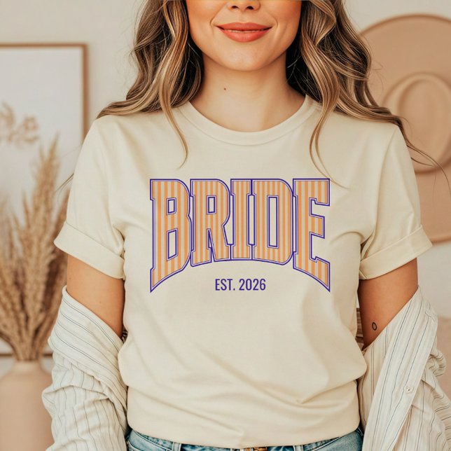 Orange + Beige Stripe Navy Varsity BRIDE T-Shirt (Personalize with names, dates, locations or events.)