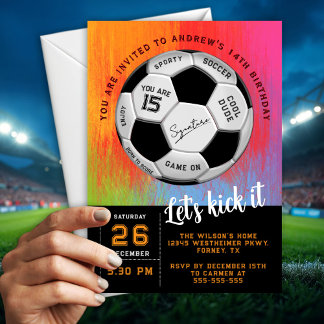Orange benutzerdefinierter Text auf Fußball-Geburt Einladung