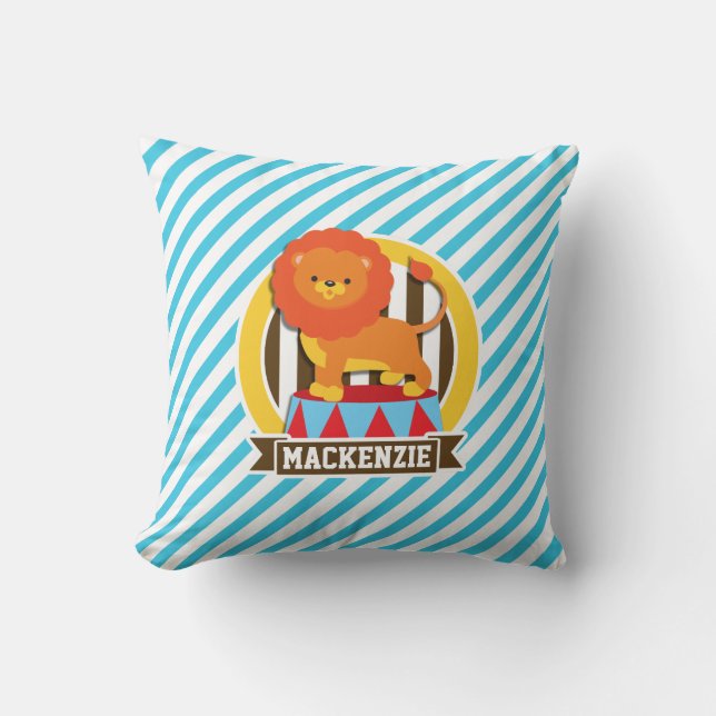 Orange Big Top Circus Lion; Blaue und weiße Streif Kissen (Vorderseite)
