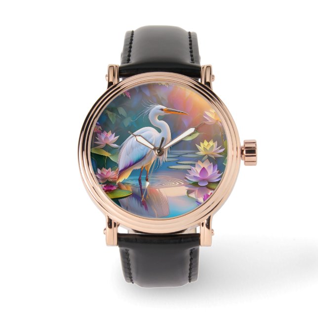 Orange Billed White Heron Fantasy Bird Armbanduhr (Vorderseite)