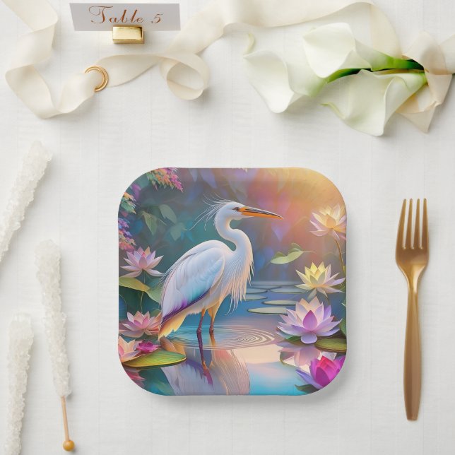 Orange Billed White Heron Fantasy Bird Pappteller (Hochzeit)