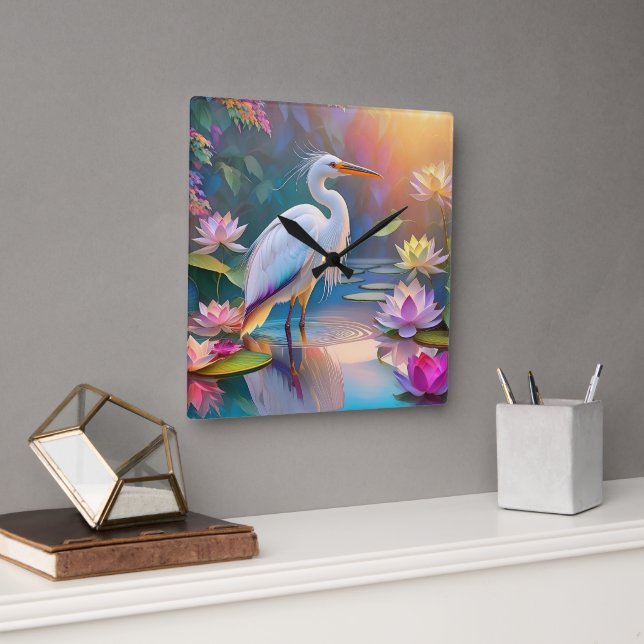 Orange Billed White Heron Fantasy Bird Quadratische Wanduhr (Büro)