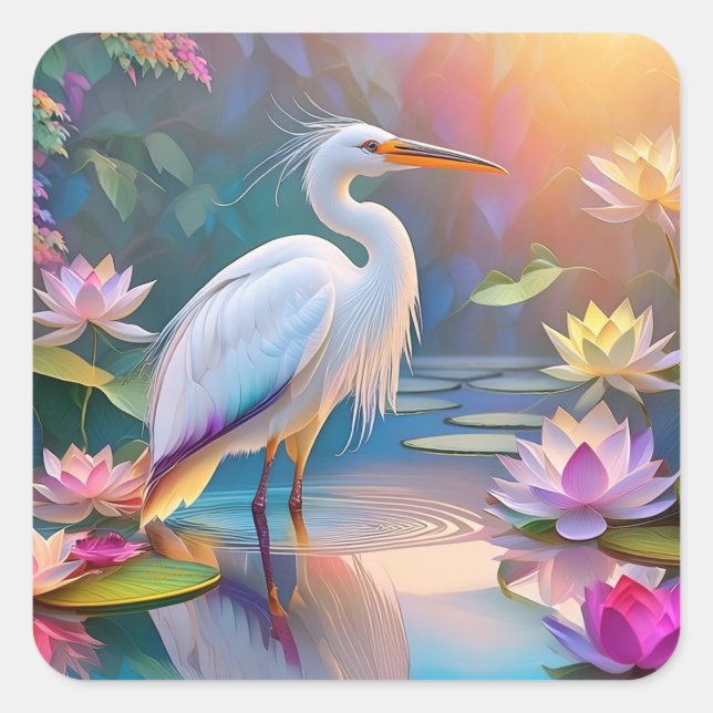 Orange Billed White Heron Fantasy Bird Quadratischer Aufkleber (Vorderseite)