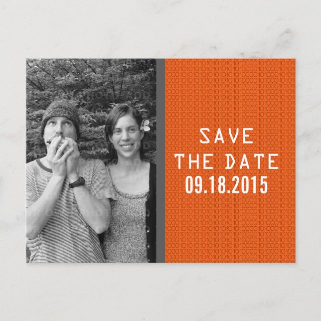 Orange Binary Code Foto Save the Date Postkarte (Vorderseite)