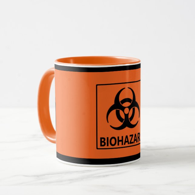 Orange "Biogefährdung-" Tasse (Vorderseite Links)